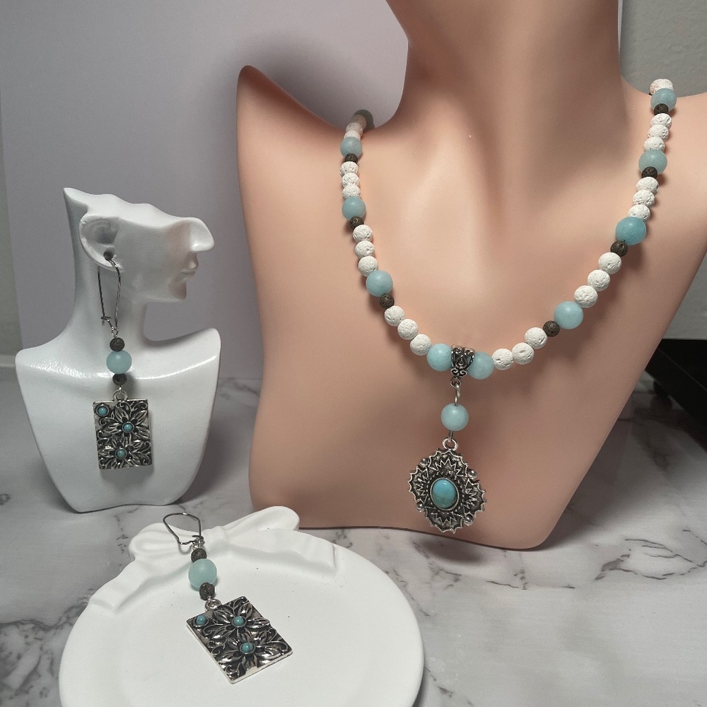 Light blue Maifanite and brown lava stone Necklace with matching earrings